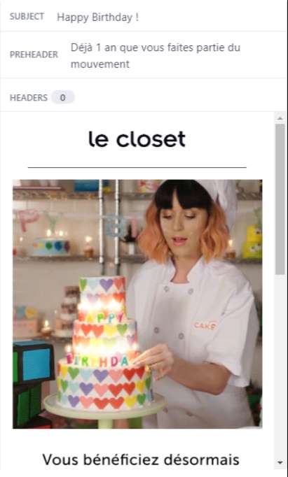 Un exemple d'email lié à l'expérience client e-commerce chez Le Closet