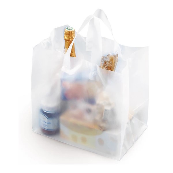 Sac plastique effet givré à poignées souples avec fond carton